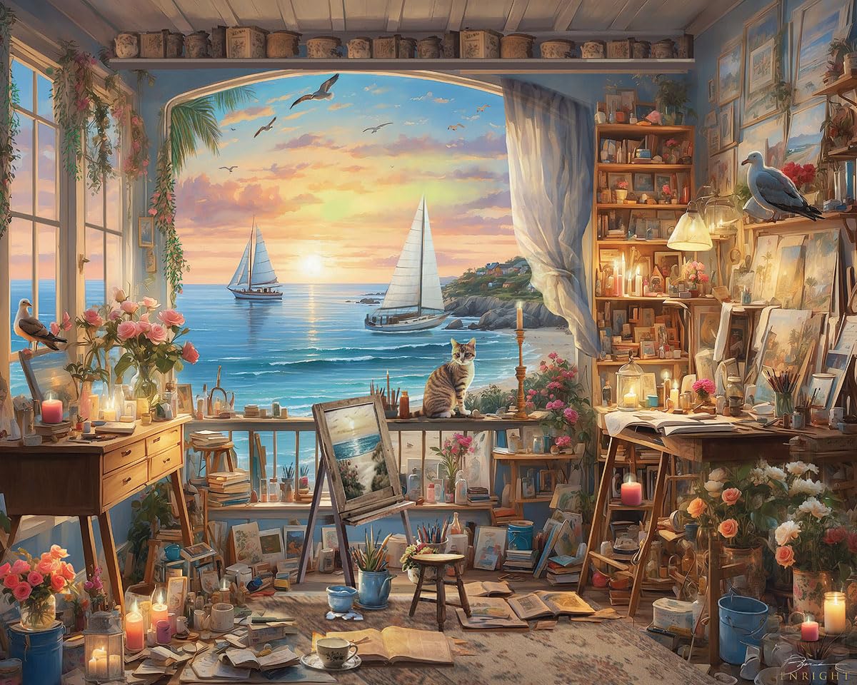White Mountain 1000 Piece Jigsaw Puzzle Scenic Ocean Sunset, Art Studio