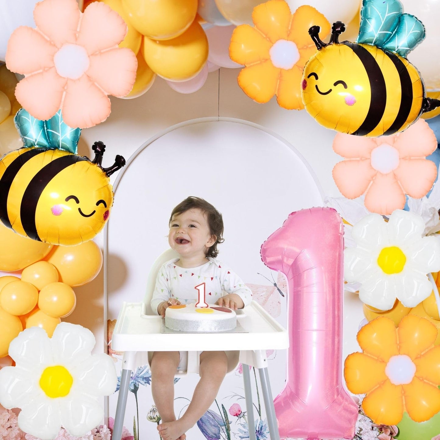 1st Birthday Decorations for Baby Girl, Pink Daisy Flower & Honey Bee Balloon Arch Kit, 40 Inch Number 1 Foil Balloon, Pastel First Birthday Party