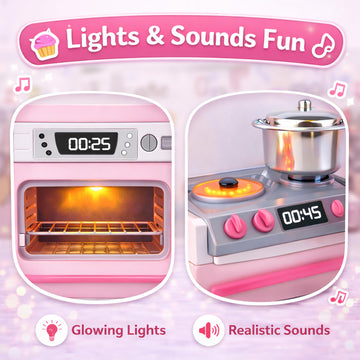Doll Kitchen Playset for Kids, My Modern Mini Kitchen House Furniture Pretend Play Toy Accessories Set with Realistic Lights & Sounds for Toddlers