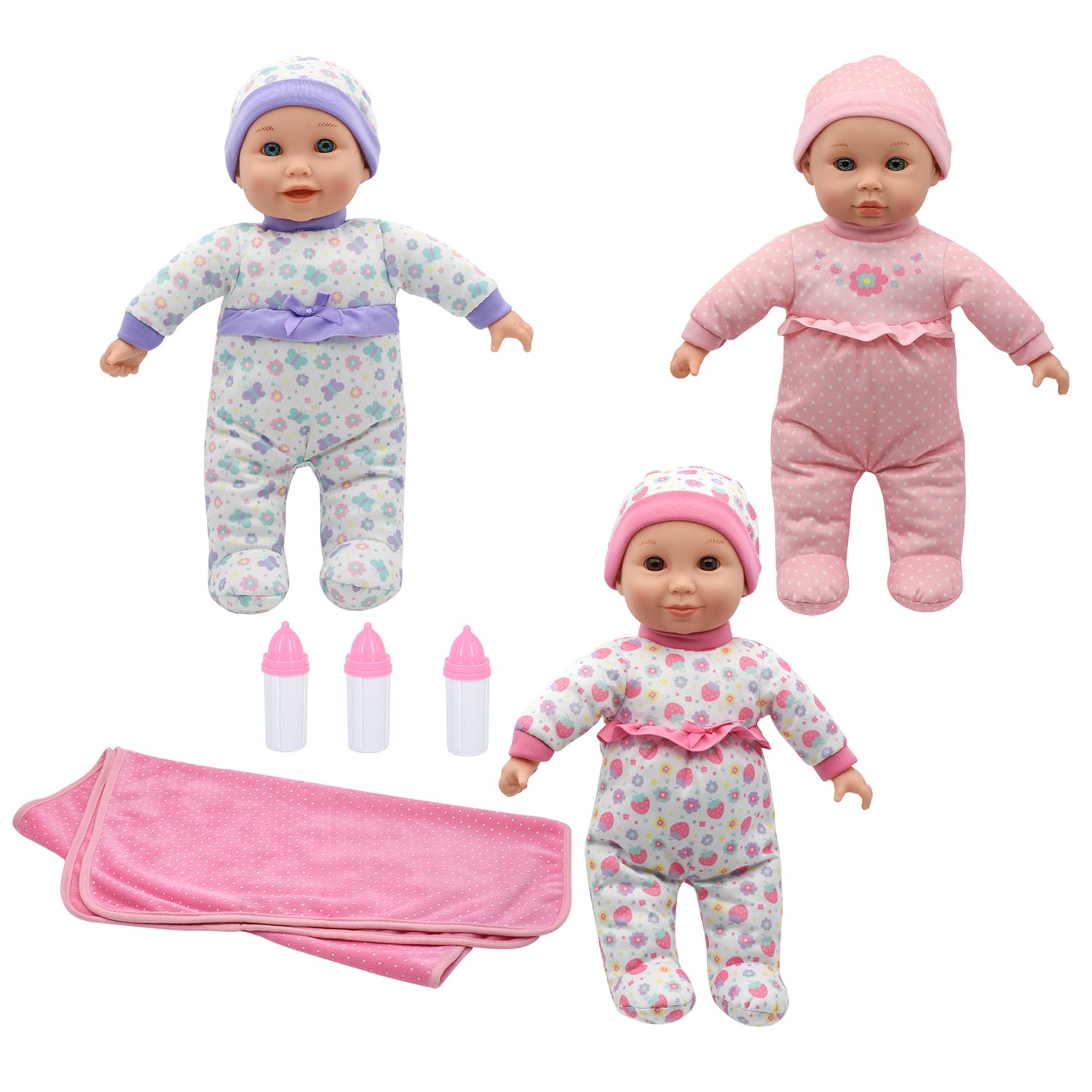 New Adventures Cuddle Kids 14" Lovable Talking Triplets Dolls - Each Doll Says 12 Phrases, Includes Large Blanket & 3 Bottles, Kids Pretend Play Ages