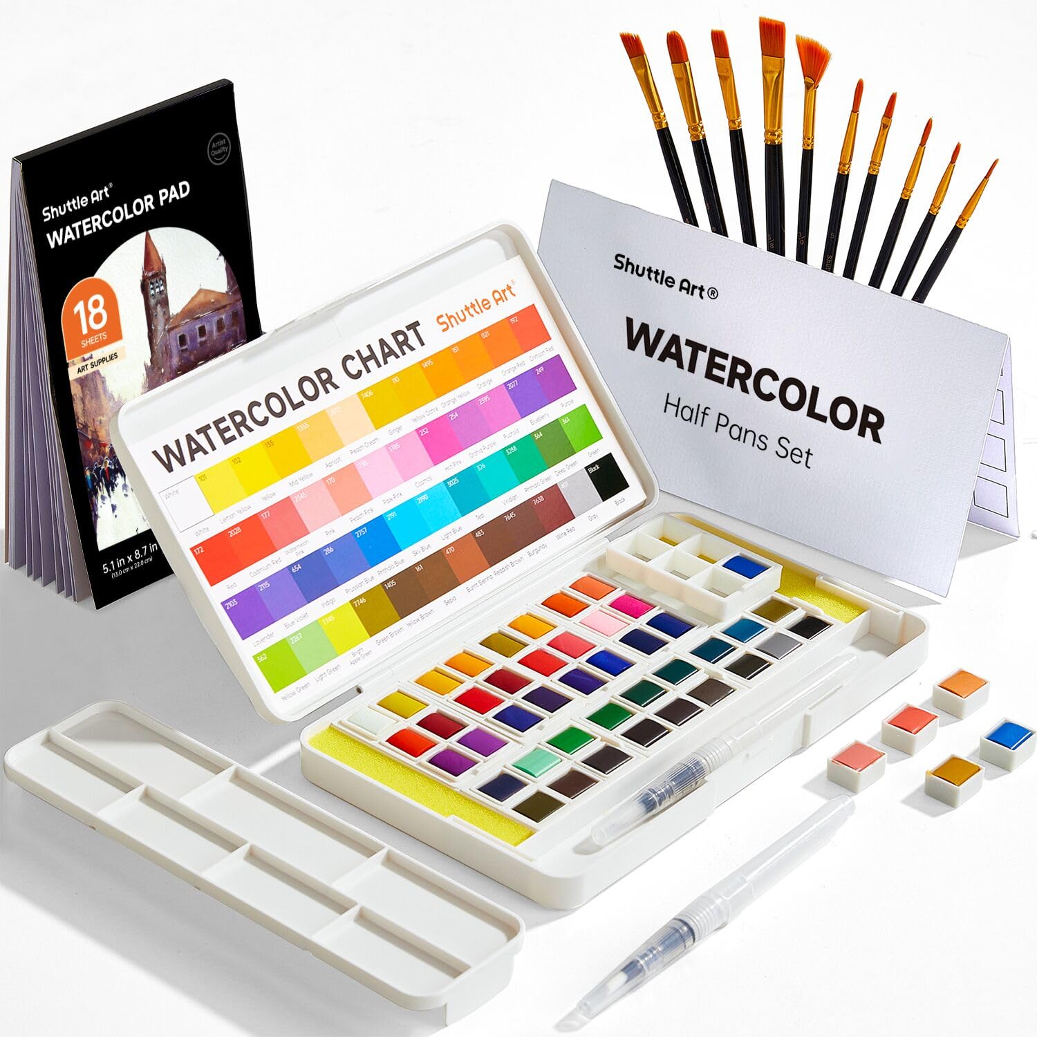 Watercolor Paint Set, Shuttle Art 48 Colors Watercolor Paint in Half Pans with 2 Water Brush Pens, 10 Paint Brushes, 1 Watercolor Pad, 1 Palette, 2