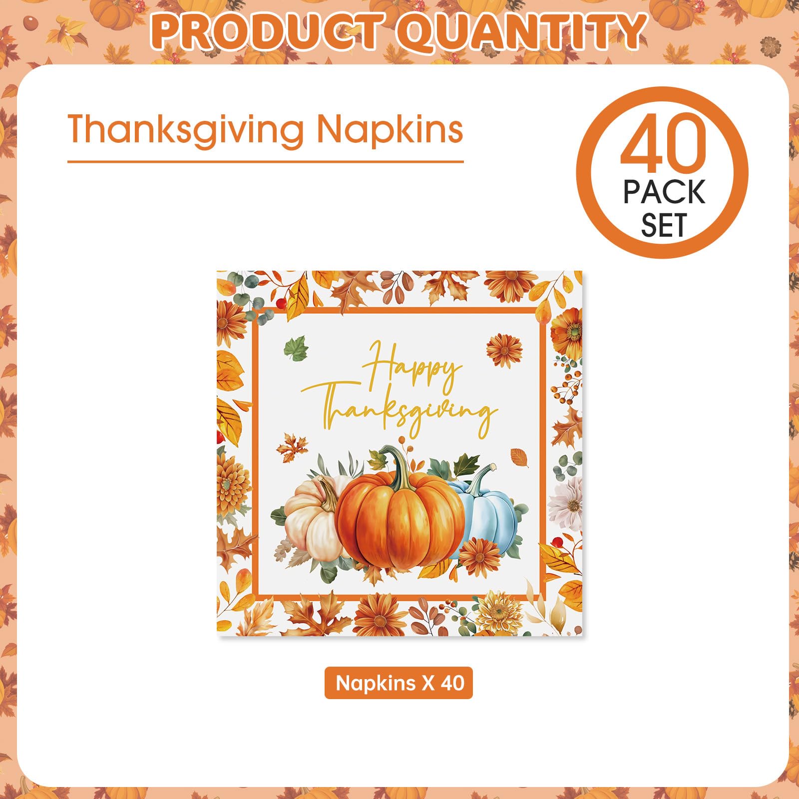 40 Pcs Happy Thanksgiving Napkins - 6.5 Inch Fall Watercolor Paper Napkins, 3-ply Disposable Pumpkin Maple Leaf Cocktail Napkin Tableware Set