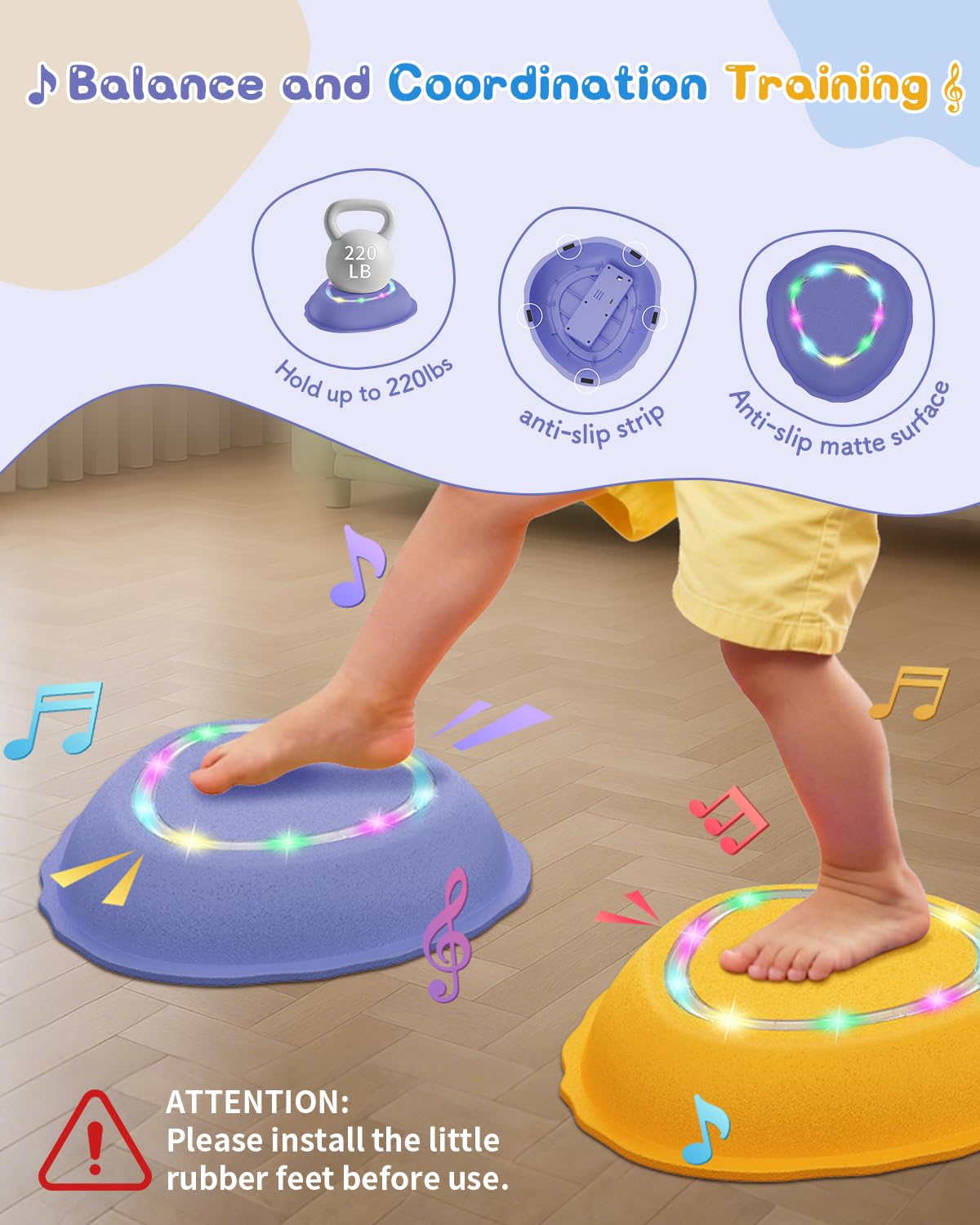Rechargeable Stepping Stones for Kids, 6pcs Non-Slip Toddler Stepping Stones with Light&Music, Sensory Toys for Indoor and Outdoor Play, Gifts