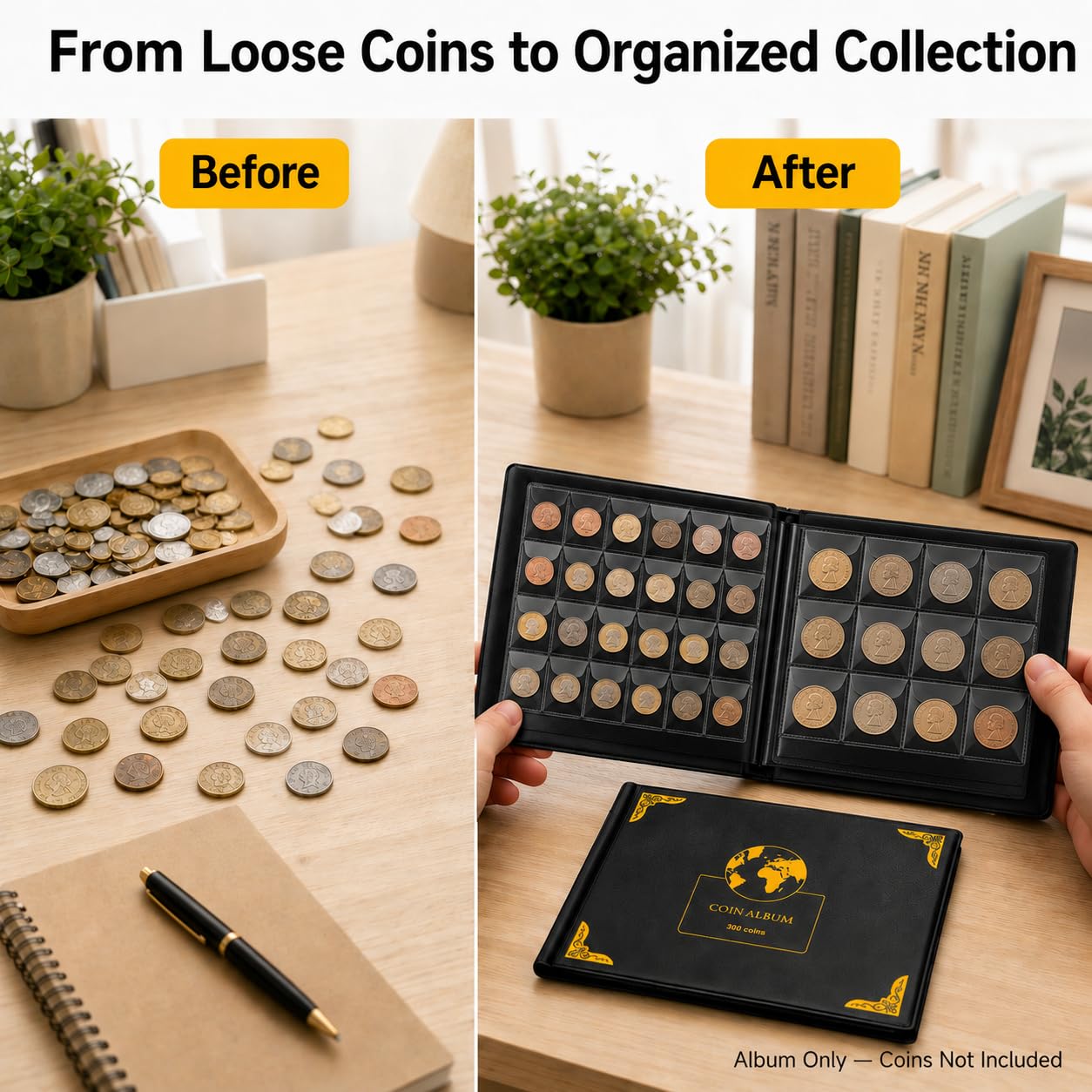 Aptbyte Coin Collection Album Book - 300 Pockets for 20-38mm Coins, Holds US Quarters, Silver Eagles, World Coins | Artificial Leather Cover