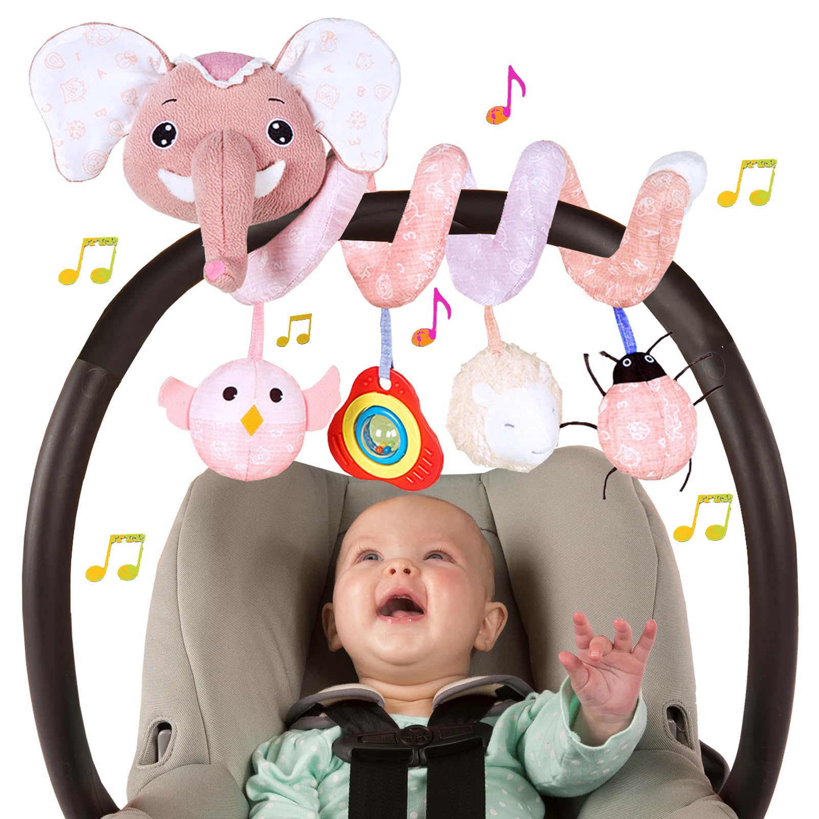 Musical Owl Rattle Sheep Pink Elephant Car Seat Toys for Babies 0-6 Months, Hanging Stroller Toys for Baby Girls 3-6 Month, Newborn Girl Infants Baby