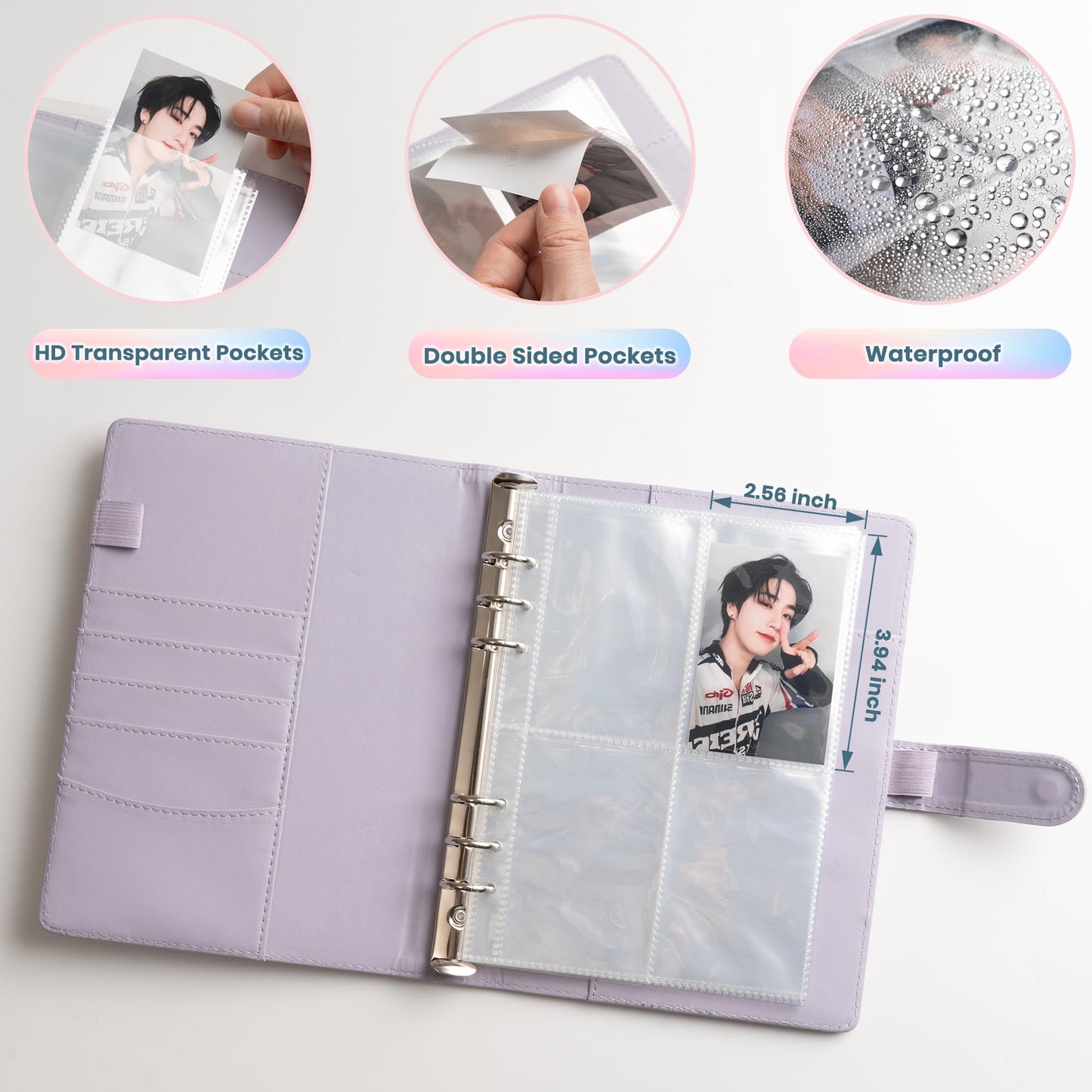 A5 Kpop Photocard Binder, 6 Ring Card Collector Album with 240 Card Slots, 30 Double-Sided Photocard Sleeves, PU Leather Binder Cover for Organizing