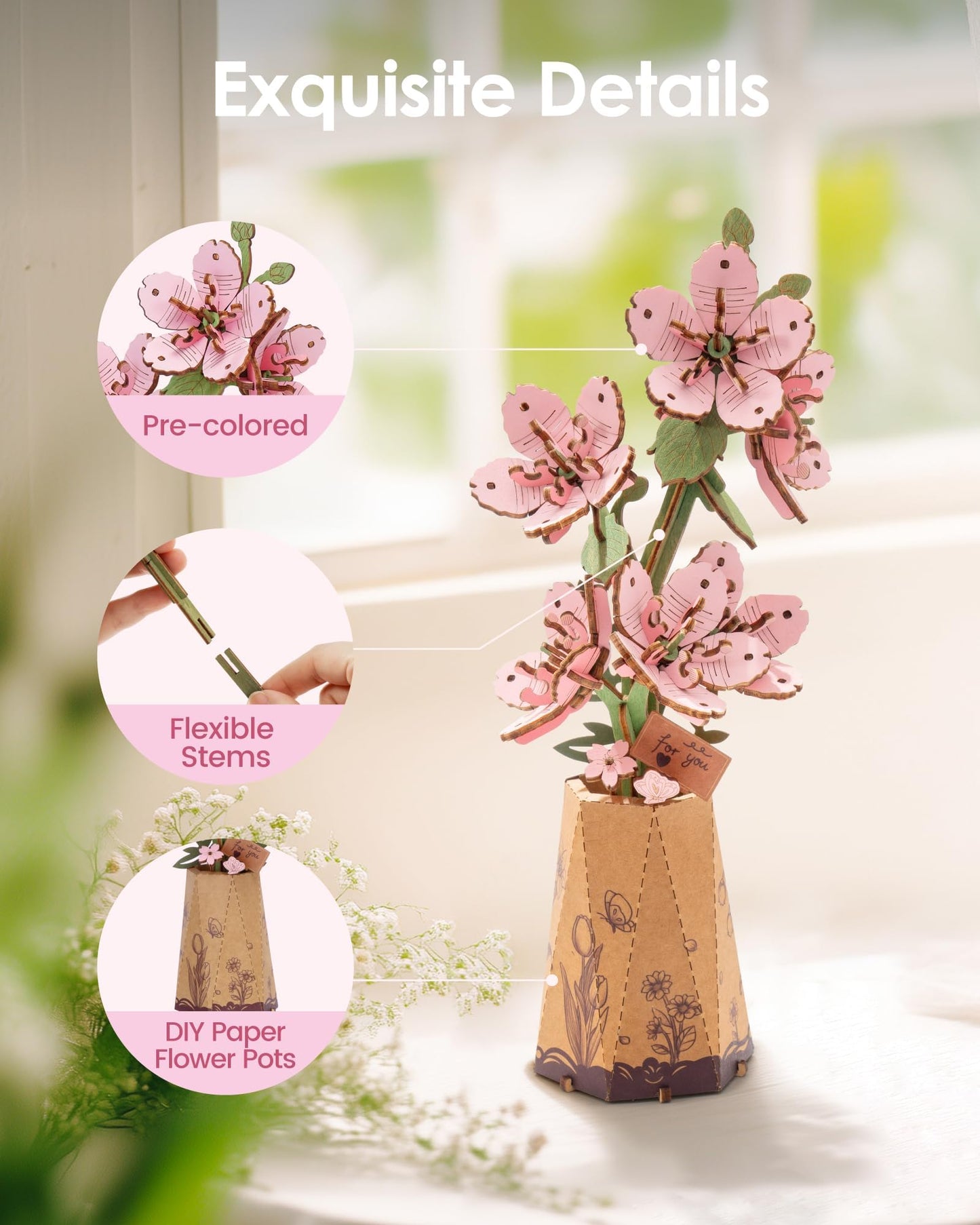 ROBOTIME 3D Puzzle Sakura TW101, DIY Wooden Flower Craft, Artificial Flowers Model Kit to Assemble for Adults, Home Decoration and Valentine's Day Toy