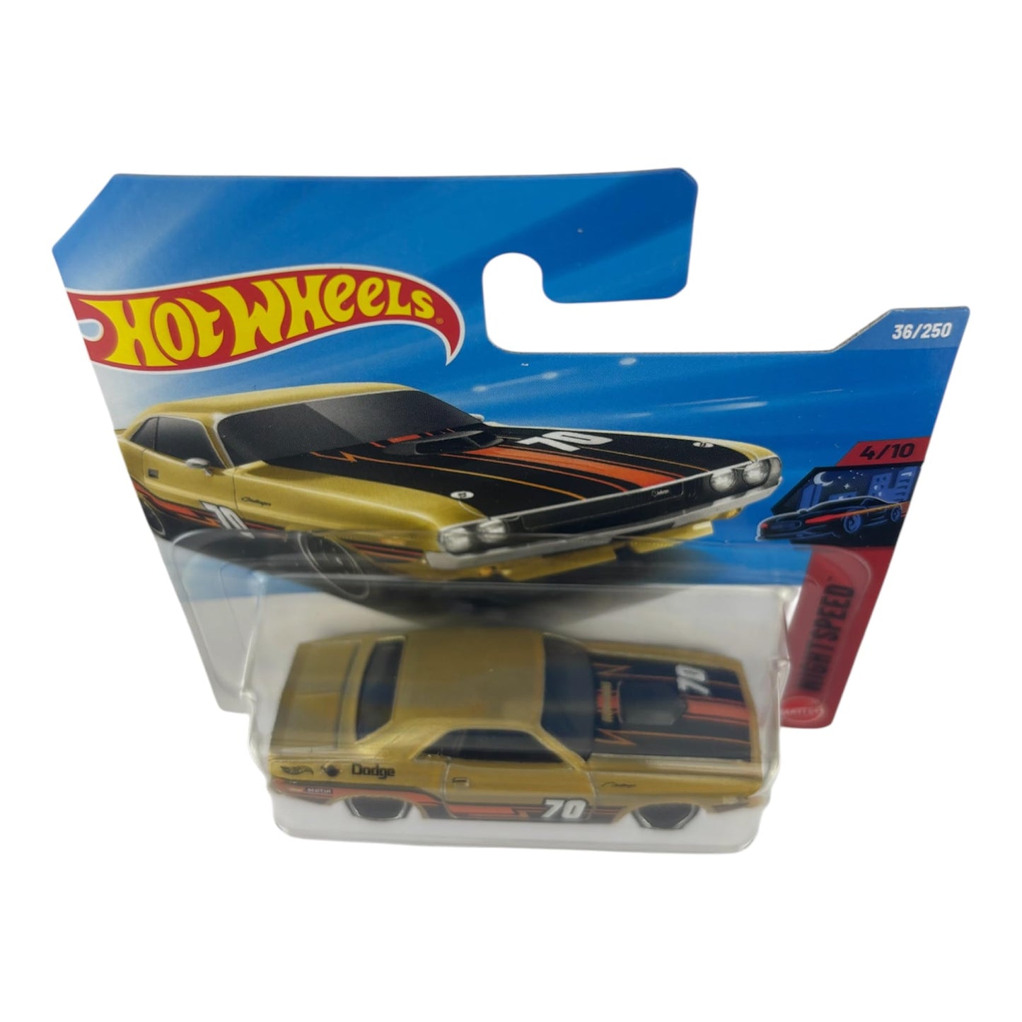 Hot Wheels '70 Dodge Hemi Challenger [Gold] Night Speed 4/10, 36/250, 1:64 Scale Diecast Toy Vehicle