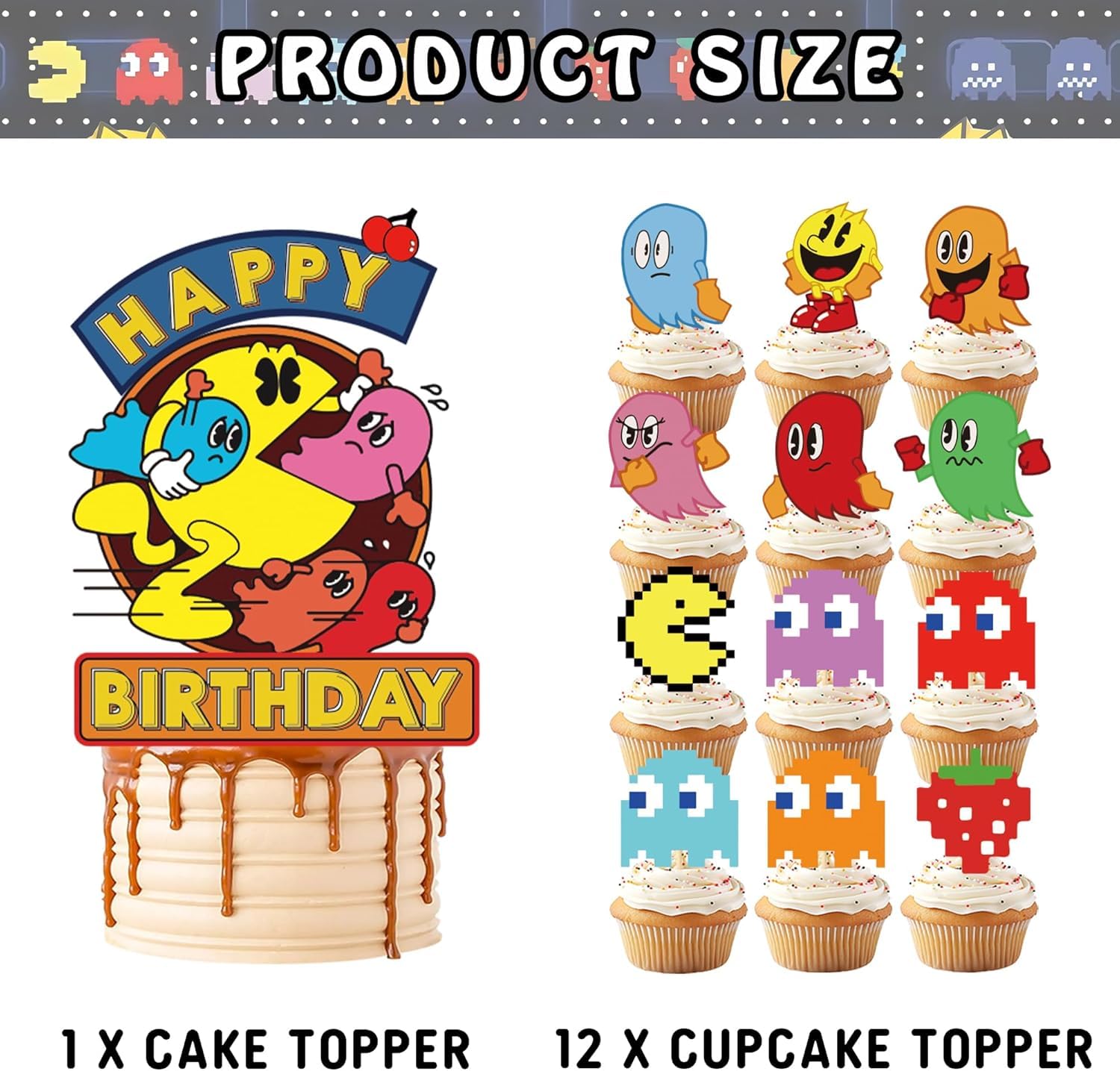 Pac Ghost Birthday Party Decoration, Include Game Party Backdrop 5 x 3 FT, Latex Balloons, Cake Topper for Pacman Theme Kids Fans Birthday Party