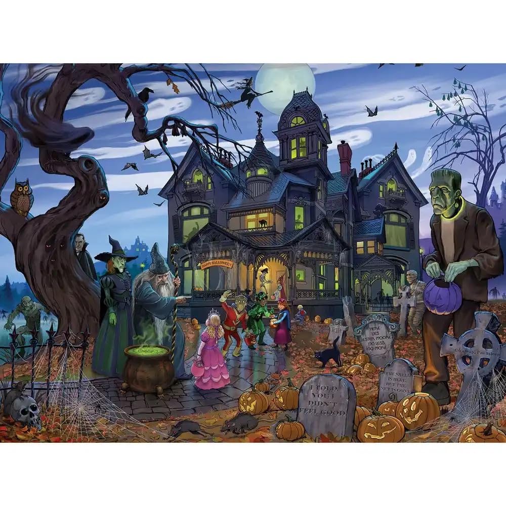 Bits and Pieces - 1000 Piece Jigsaw Puzzle for Adults - Goblins and Goodies and Ghouls - Oh My - Haunted House Halloween Trick or Treat Jigsaw Puzzle