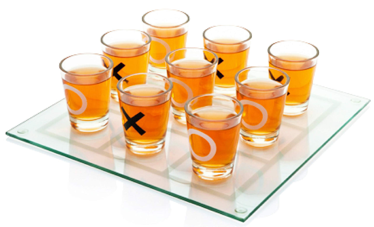 Matty's Toy Stop Tic-Tac-Toe, Three in A Row Shot Glass Drinking Game with 9 Shot Glasses and Glass Game Board (10" x 10")