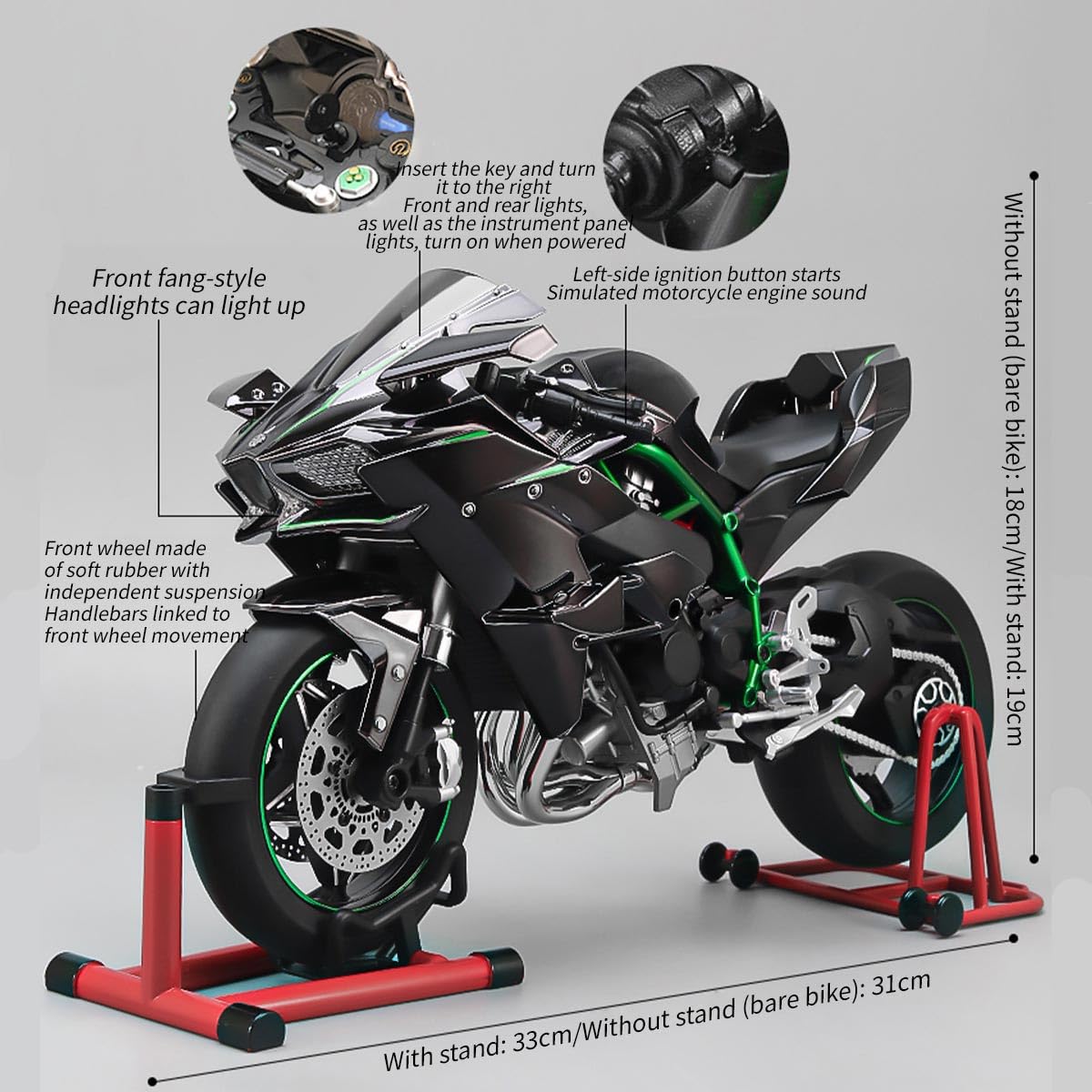 Wooptoothy 1/6 Scale Alloy Dynamic Motorcycle Model with Ignition System and Smoke Spray, Diecast Racing Motorbike Gift for Collectors & Motorcycle
