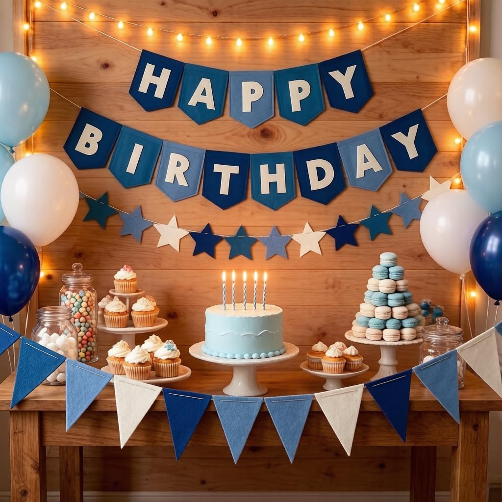 Yancan Blue Happy Birthday Banner for Women Men Boys Girls Party Decoration