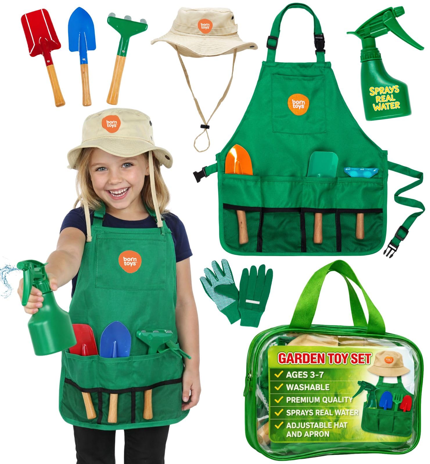 Born Toys Gardener Costume Kids Outfit with Toddler Gardening Tools, 3+