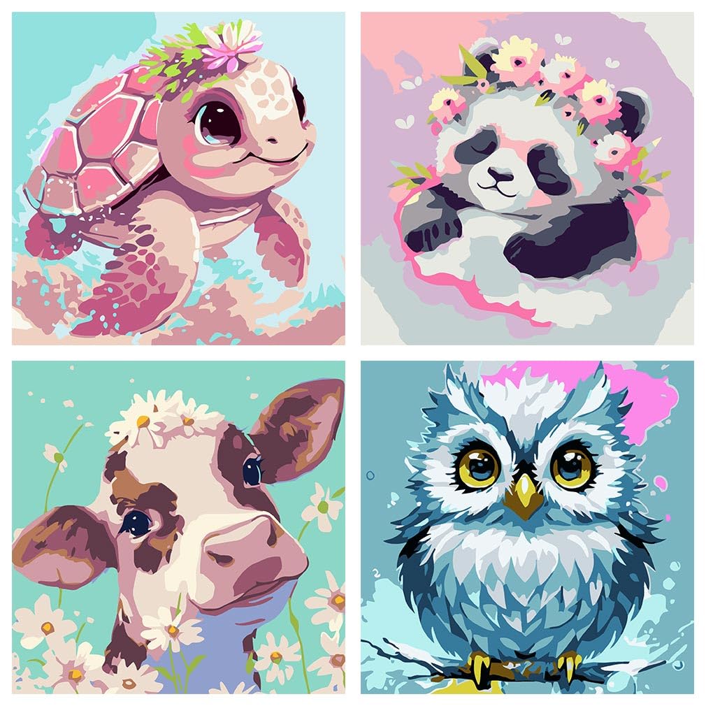 FQOVKYN 4 Pack Paint by Number for Kids, Cute Animals Paint by Numbers Kit for Adults Beginner, Easy Acrylic Watercolor Paint by Numbers Canvas Arts