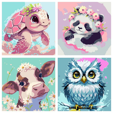 FQOVKYN 4 Pack Paint by Number for Kids, Cute Animals Paint by Numbers Kit for Adults Beginner, Easy Acrylic Watercolor Paint by Numbers Canvas Arts