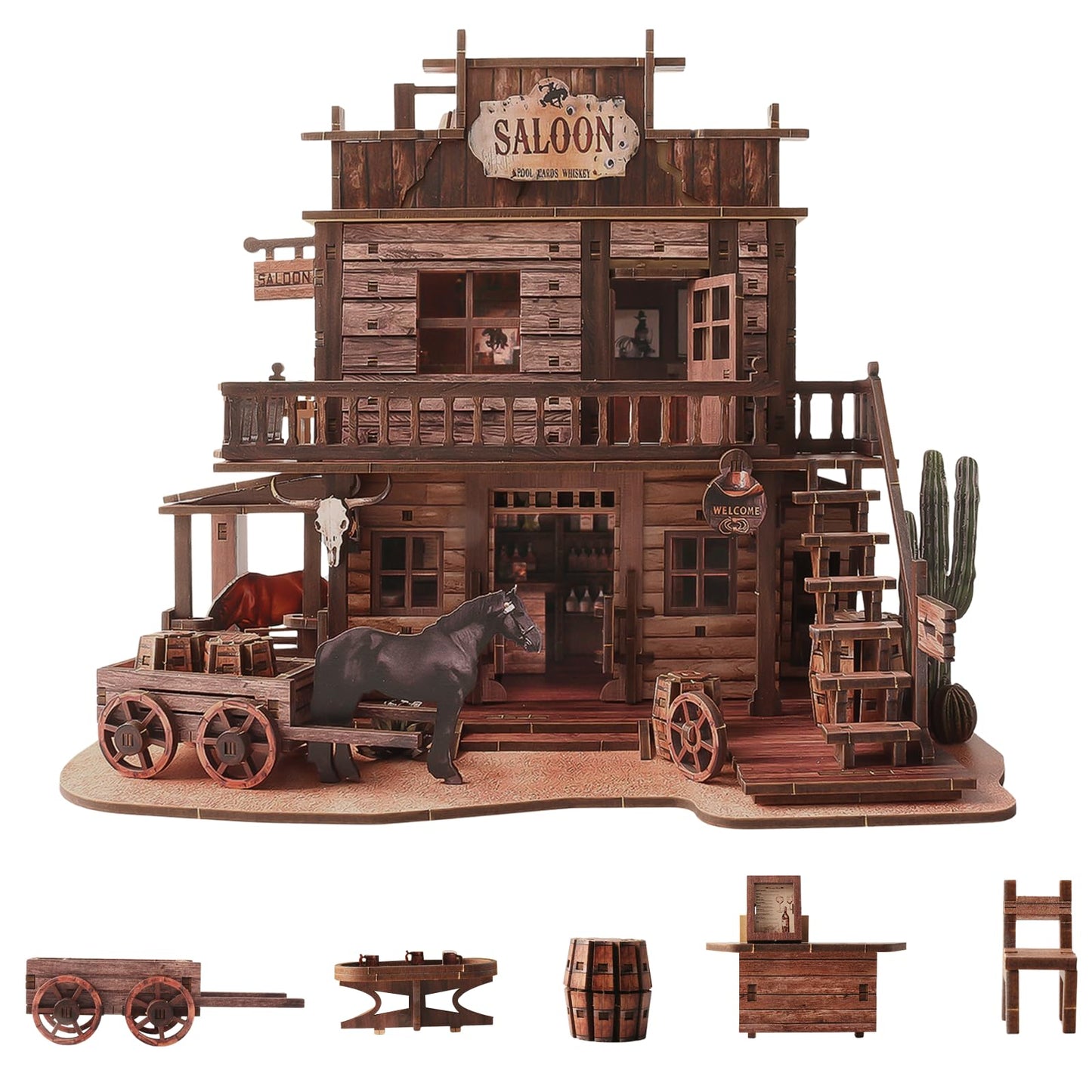 Benlarky 3D Wooden Puzzle for Adults Western Saloon Miniature House Kit, 450 PCS DIY Bookshelf Decor, Wild West Book Nook Building Kit Wood Craft