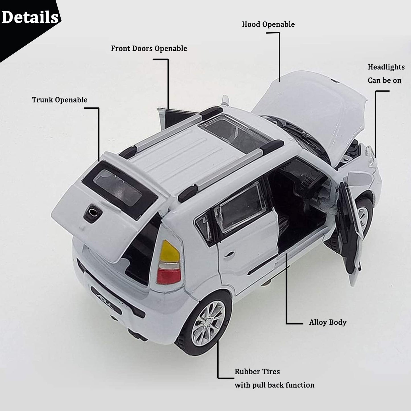 Toy Cars Diecast Car Models Soul Hatchback Model Cars,Pull Back Cars,Boxy Car Toy with Sound and Light for 3+ Year Old Boys(White)