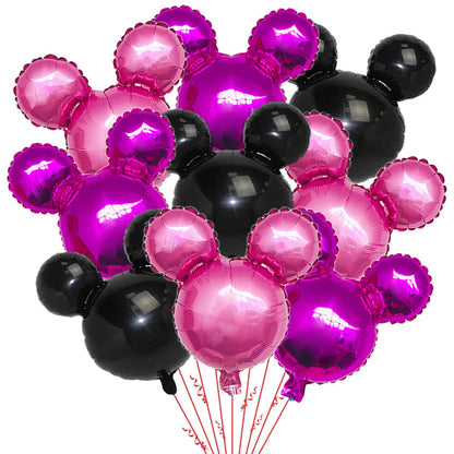 9Pcs Pink Mouse Party Foil Balloons, 27” Black, Rose Red, Pink Balloons, Cartoon Mouse Party, Baby Party, Girl Party, Kids Birthday Theme Party