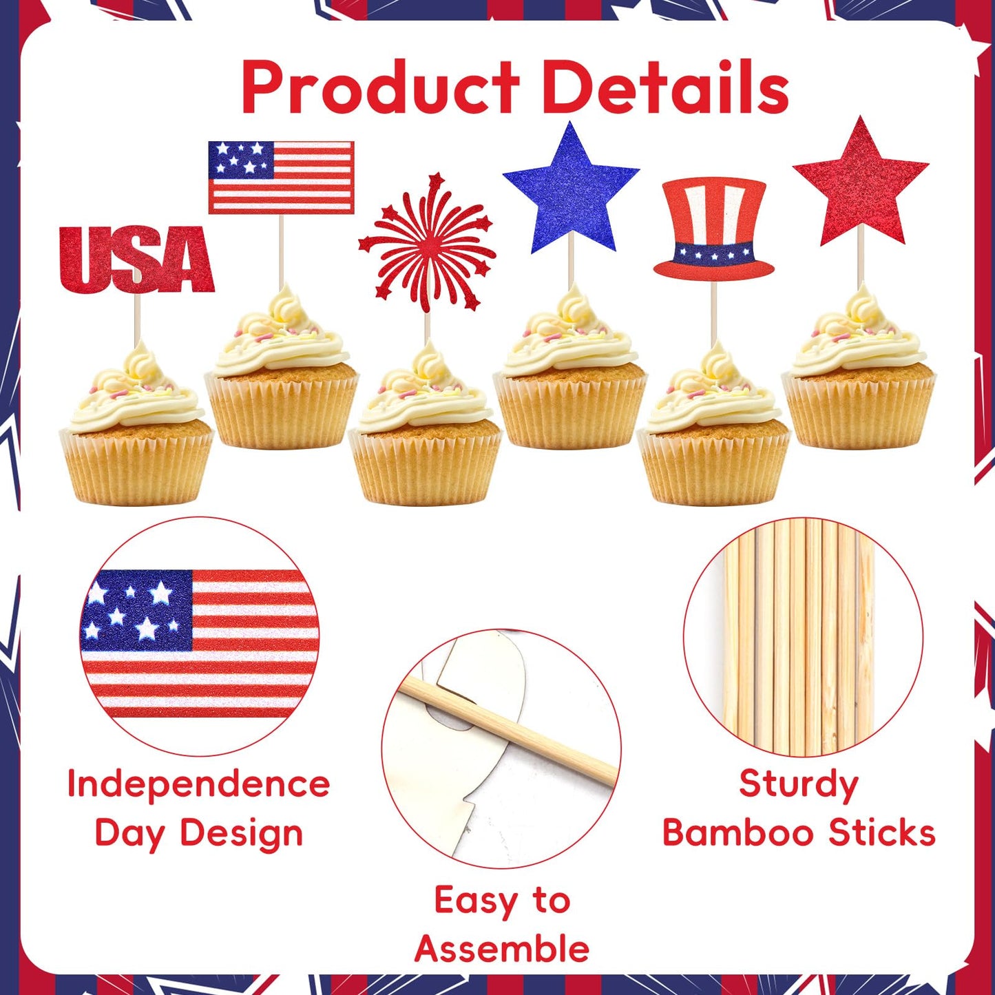 24 Pcs 4th of July Cupcake Toppers - Patriotic Red White Blue Glitter USA Cake Toppers with American Flag, Star and Firework Designs for Independence