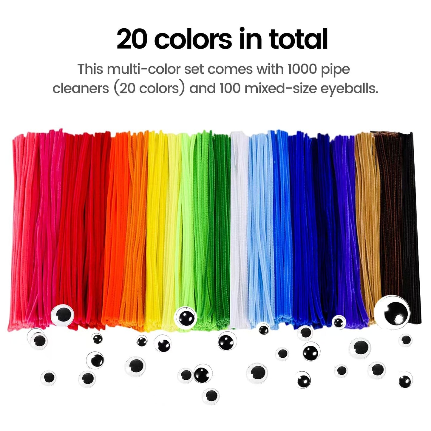 Pipe Cleaners Bulk,1000 pcs Pipe Cleaner Flower Kit,20 Color Chenille Stems Pipe Cleaners Crafts,100 Self-Adhesive Eyes,DIY Arts and Decorations