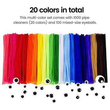 Pipe Cleaners Bulk,1000 pcs Pipe Cleaner Flower Kit,20 Color Chenille Stems Pipe Cleaners Crafts,100 Self-Adhesive Eyes,DIY Arts and Decorations