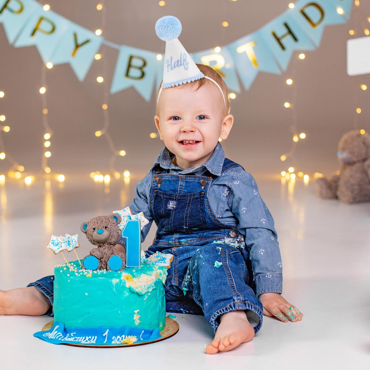 Kaniwati Boy Half Birthday Party Crown, Blue half Hat,Blue Half Birthday Embroidered Party Hat, Baby Decoration (BLUE-HALF-CXMZ)
