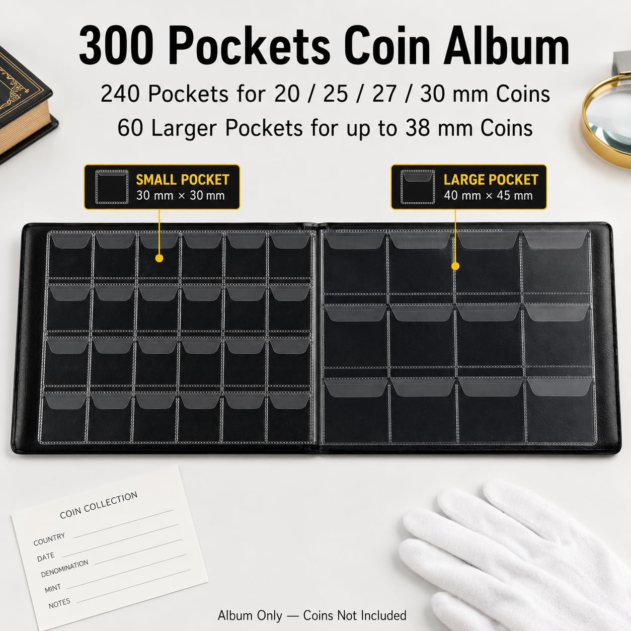Aptbyte Coin Collection Album Book - 300 Pockets for 20-38mm Coins, Holds US Quarters, Silver Eagles, World Coins | Artificial Leather Cover