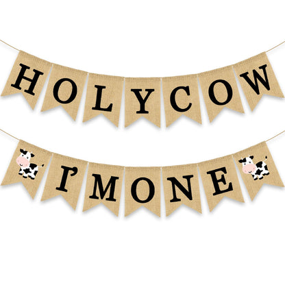 Holy Cow I'm One Banner Farm 1st Birthday Party Decoration Barnyard Burlap Garlands Western Boy Girl First Birthday Supplies Black