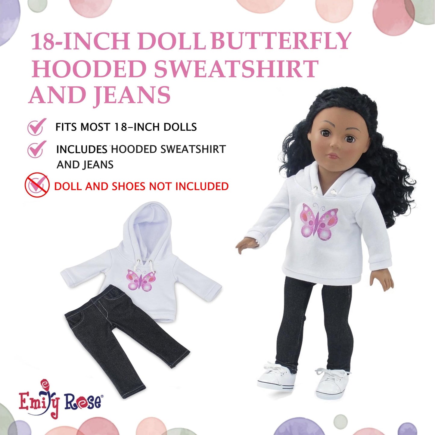 Emily Rose 18-inch Doll Clothes White Hoodie Sweatshirt and Stretch Blue Jeans - Casual Outdoor Clothing Outfit | Doll NOT Included | USA Business |