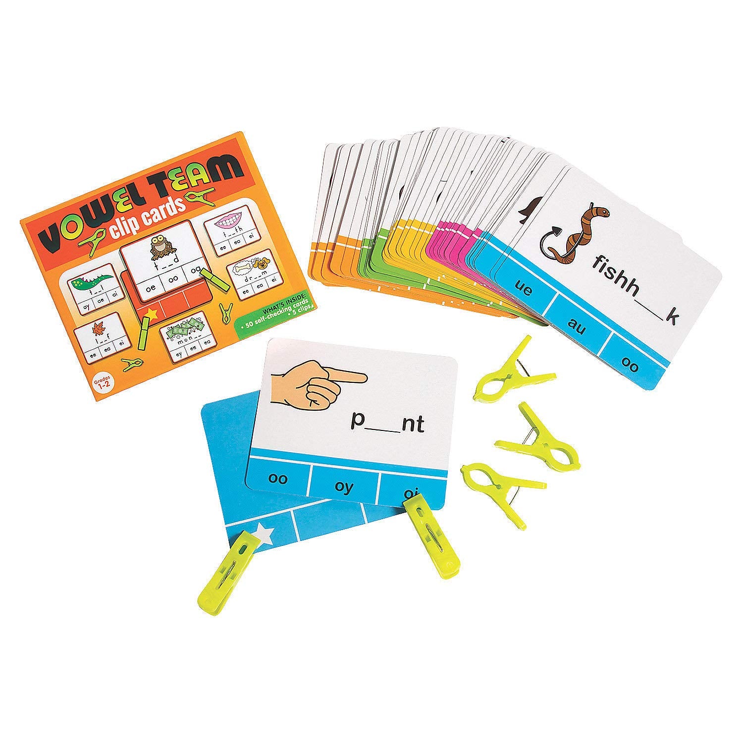 Fun Express Vowel Team Clip Cards - 56 Pieces - Educational and Learning Activities for Kids