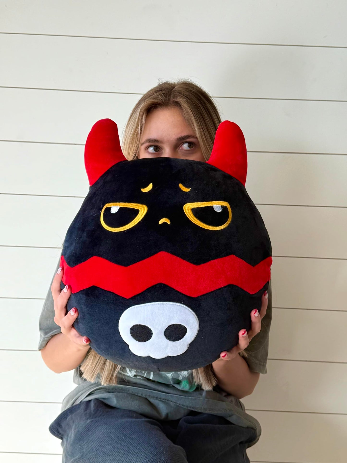 Snuggaboos Jumpo Shadowpaws The Devil Cat Squish: 14-Inch Super Soft Plush Pillow Toy - Unique and Cuddly Black Cat Stuffed Animal Plushie with Red