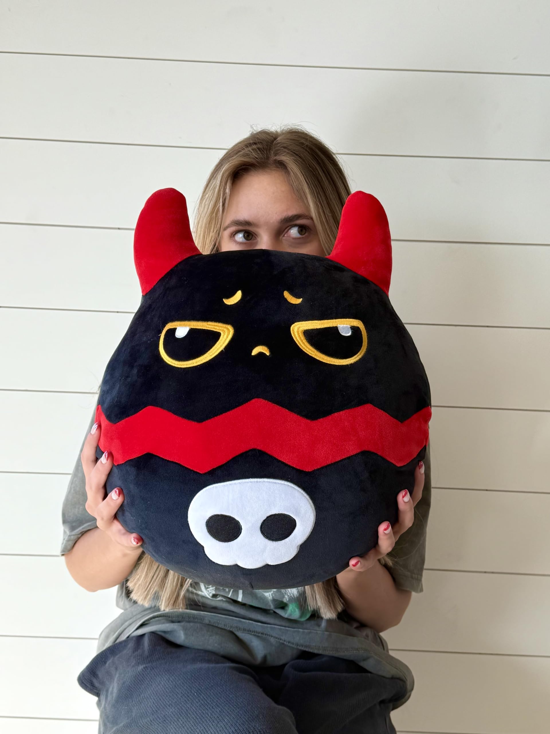 Snuggaboos Jumpo Shadowpaws The Devil Cat Squish: 14-Inch Super Soft Plush Pillow Toy - Unique and Cuddly Black Cat Stuffed Animal Plushie with Red