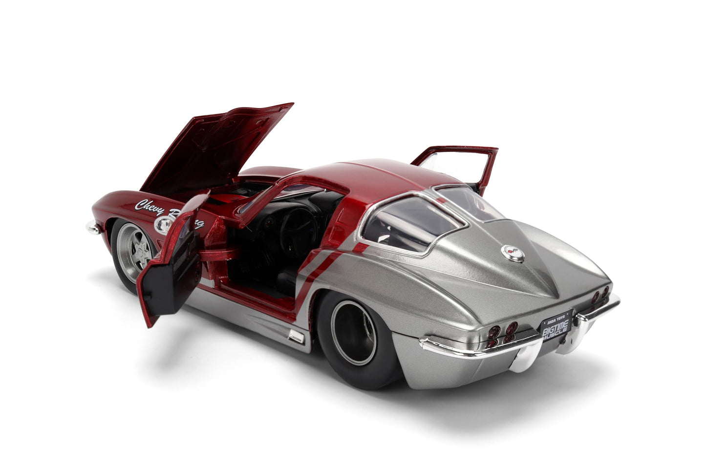 Jada Toys Bigtime Muscle 1:24 1963 Chevy Corvette Die-cast Car - Opening Doors, Hood, Trunk, Rubber Tires(Candy Red/Grey)