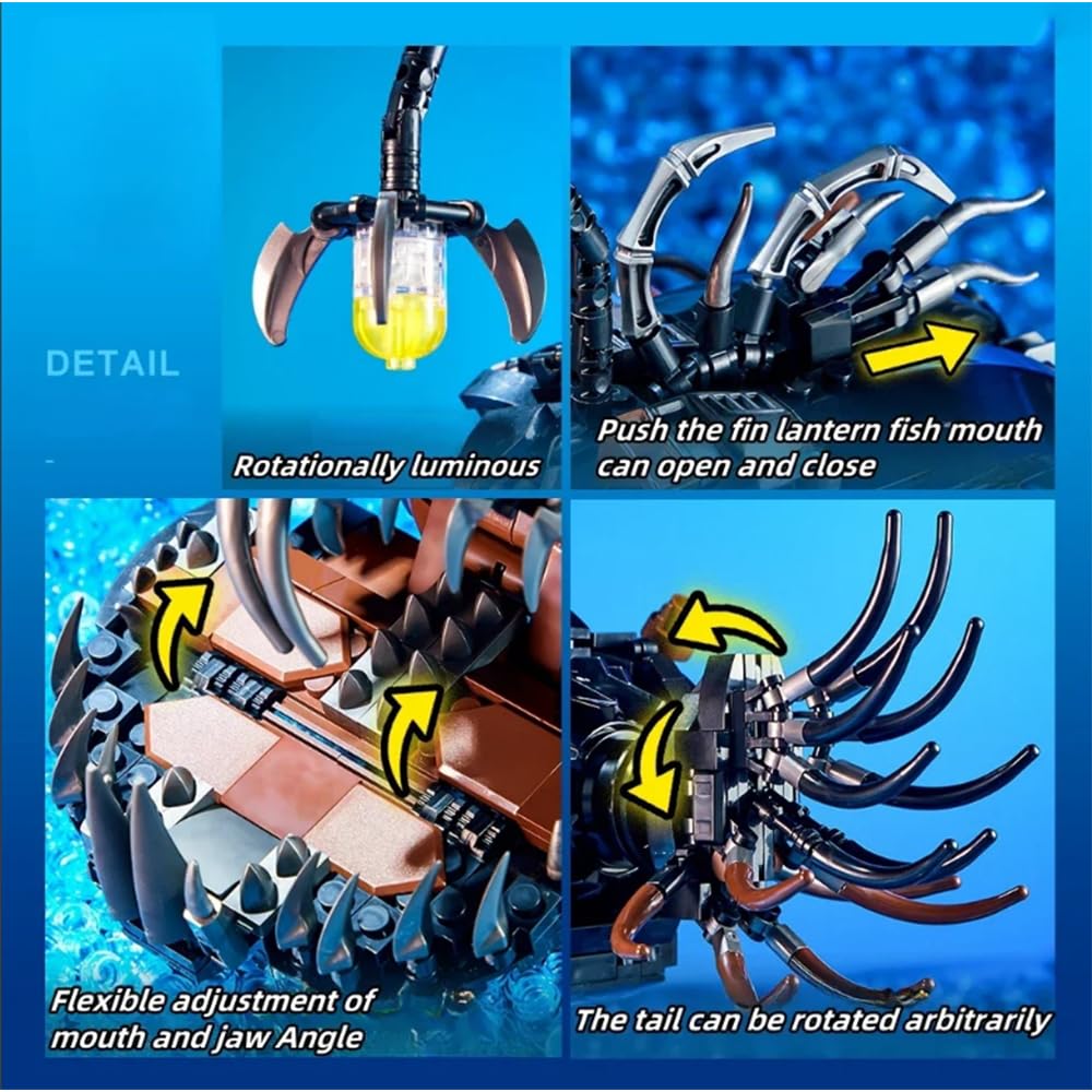 YAOZEBIN Mechanical Angler Fish Building Block Set - STEM Toys for Boys & Girls 8-14+, Deep Sea Ocean Creature Kit, Home/Office Decor with Light