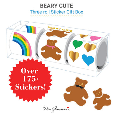 Mrs. Grossman's Beary Cute 3-Roll Sticker Gift Box with Over 175 Premium Stickers with Bears, Rainbows, and Hearts for Collecting, Scrapbooking