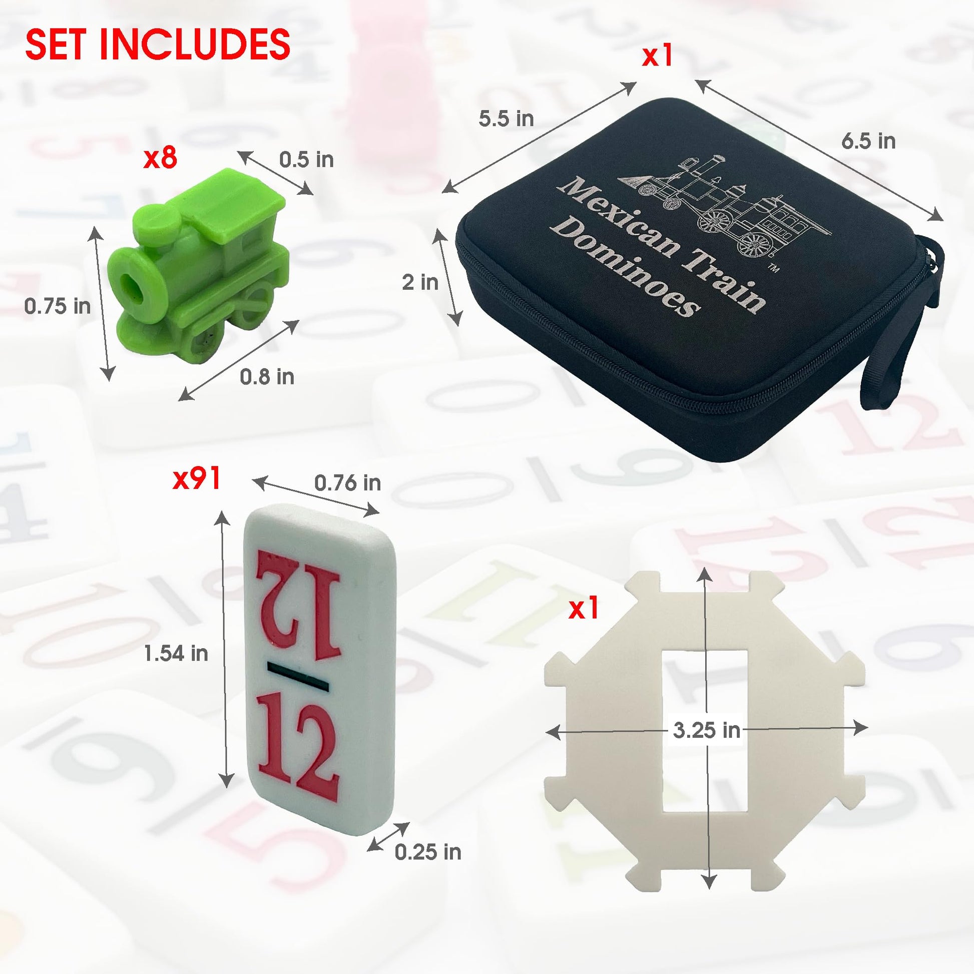CHH Double 12 Mexican Train Number Dominoes - Travel Size with Zip Up Case, Hub & 8 Domino Trains - 91 Fun Size Numbered Dominoes