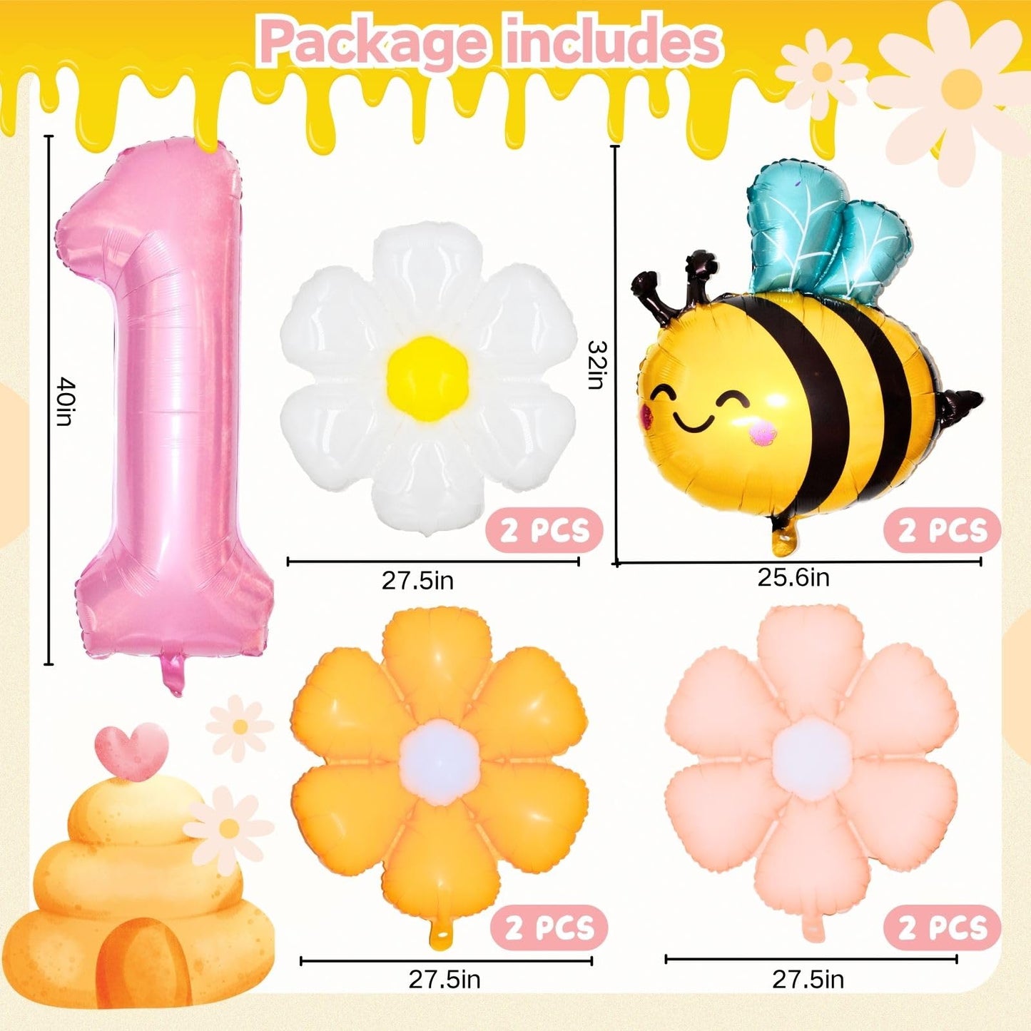 1st Birthday Decorations for Baby Girl, Pink Daisy Flower & Honey Bee Balloon Arch Kit, 40 Inch Number 1 Foil Balloon, Pastel First Birthday Party