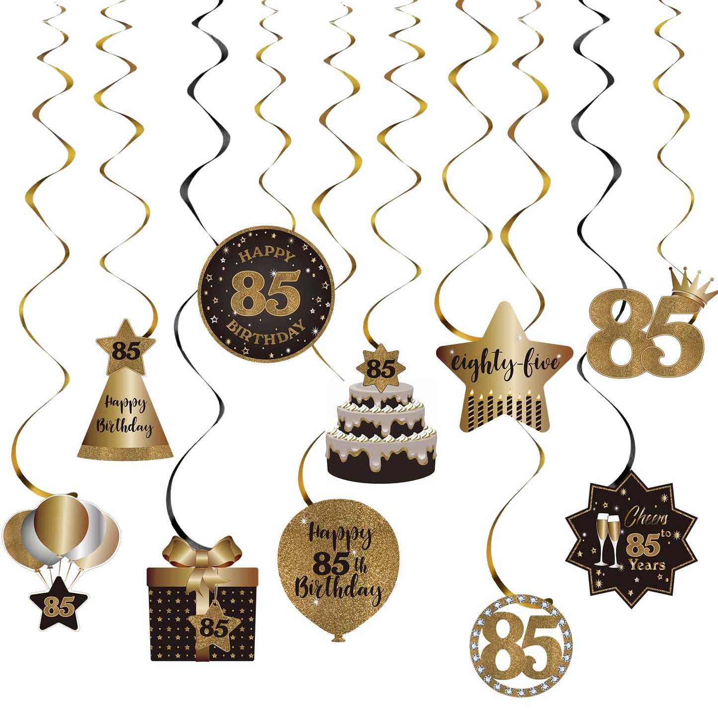 Happy 85th Birthday Party Hanging Swirls Streams Ceiling Decorations, Celebration 85 Foil Hanging Swirls with Cutouts for 85 Years Old Black and Gold