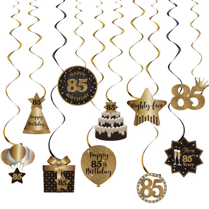 Happy 85th Birthday Party Hanging Swirls Streams Ceiling Decorations, Celebration 85 Foil Hanging Swirls with Cutouts for 85 Years Old Black and Gold