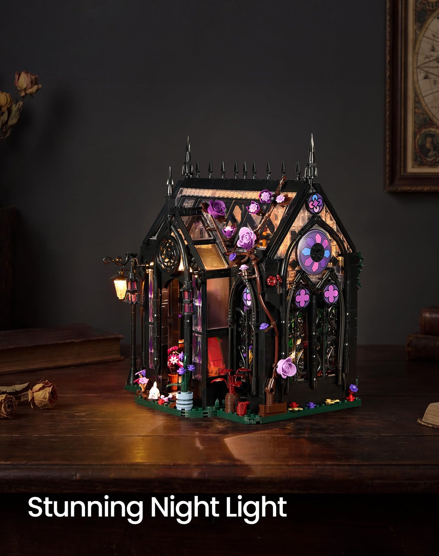 Gothic Greenhouse Building Set with Lights, Architecture Model with Stained Glass & Rose Vines, Botanical Garden Display with Flowers & Plants, Gothic