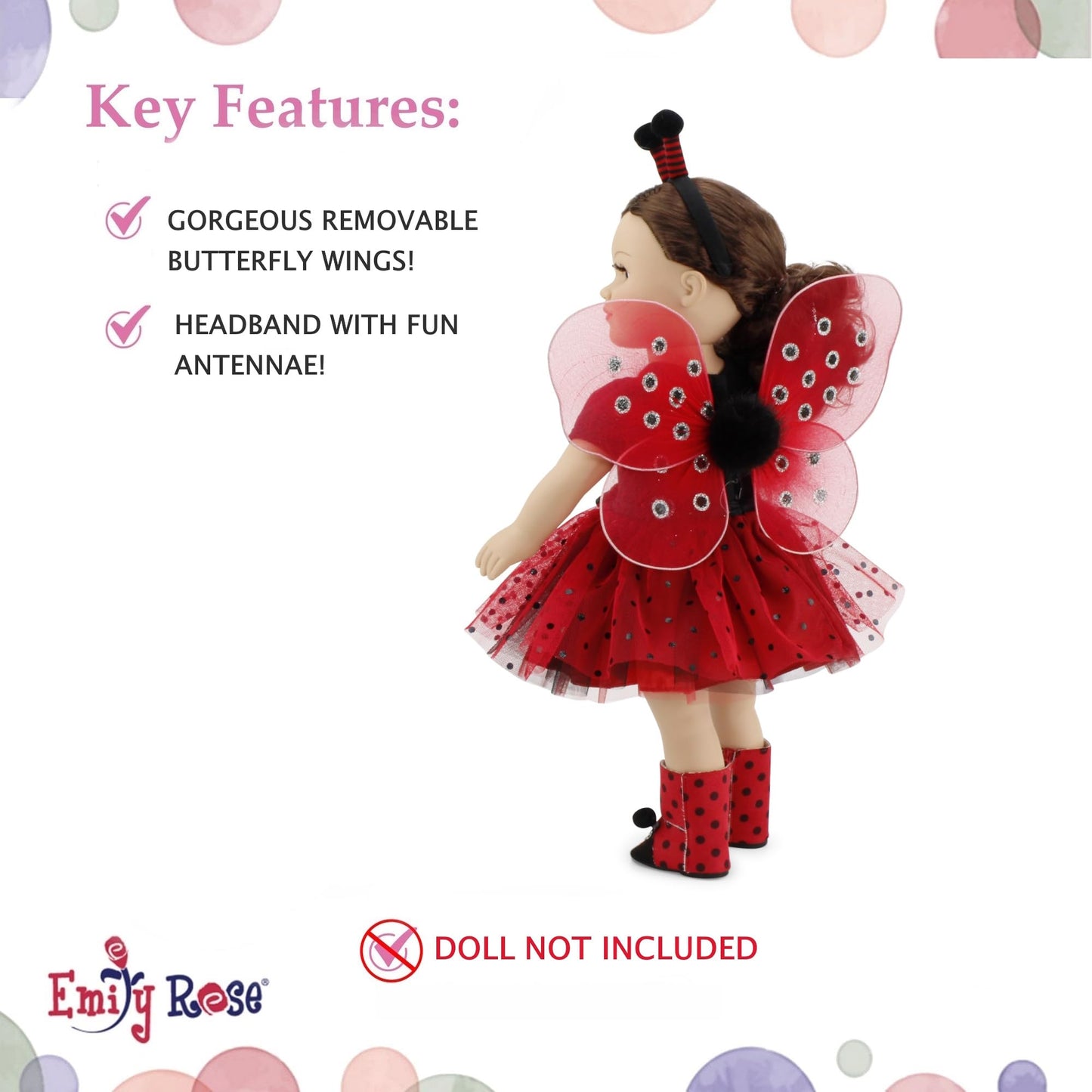 Emily Rose 18 Inch Doll Clothes 5-PC Magical Red & Black Lady Bug Onesie Tutu Halloween Costume for 18" Dolls - Accessories Gift Set - Removable Wings