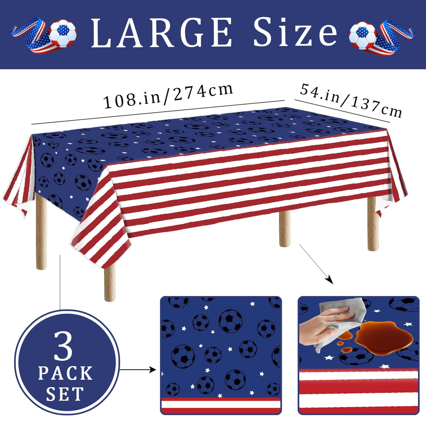 Bzhouyy Soccer Party Tablecloth 3 Pack, 54 x 108 Inch American Flag Themed Disposable Plastic Table Covers, Waterproof Spill Proof Tablecloths