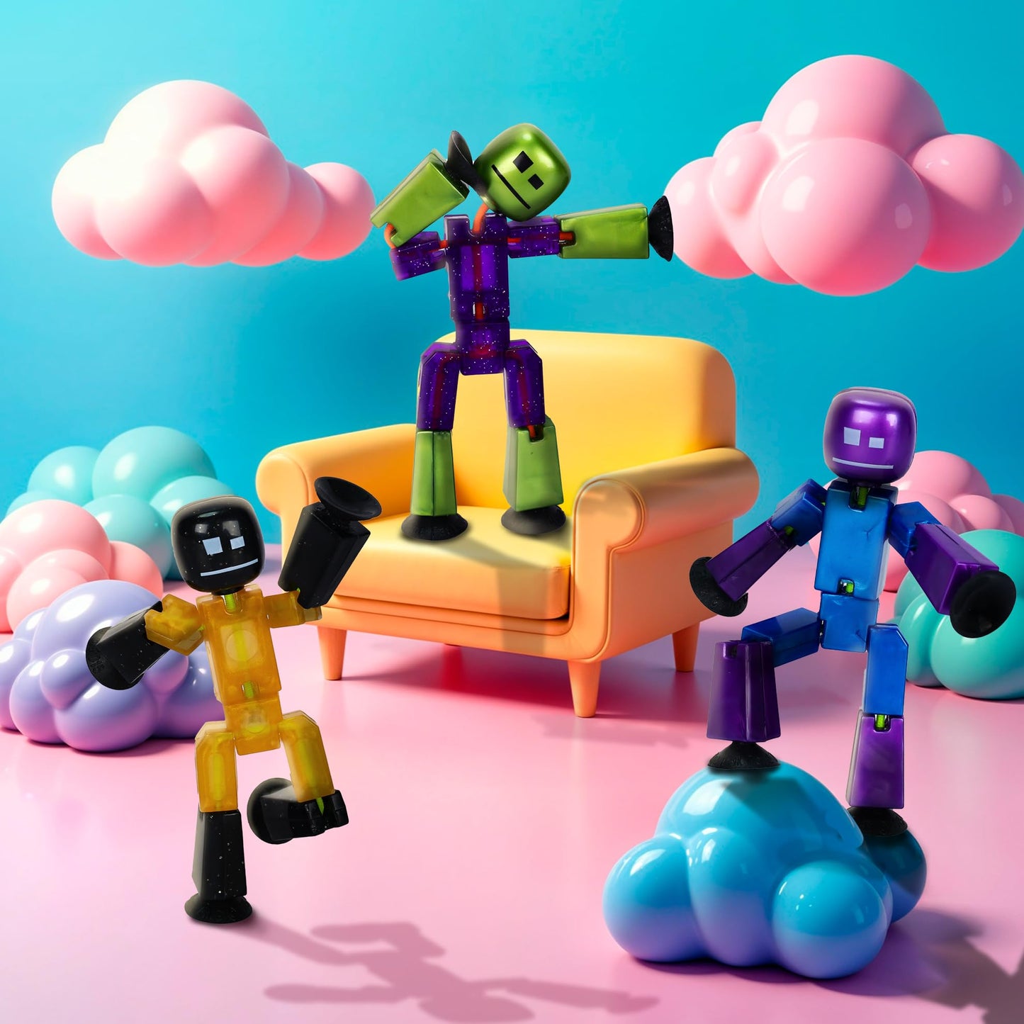 Zing StikBot Shinies 3-Pack - Shiny Metallic Poseable Action Figures with Suction Cups, Collectible Stop Motion Animation Toy Set for Kids