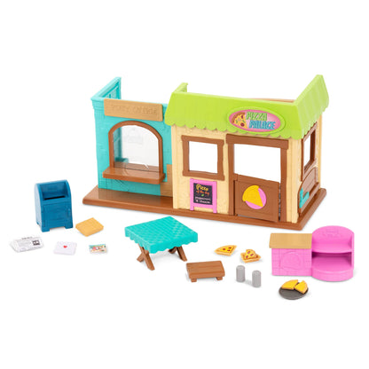 Li'l Woodzeez - Post 'n Pizza Shop Dollhouse Playset with 18 Pieces, Restaurant Furniture, Post Office Accessories & Pretend Food - 3+ Years
