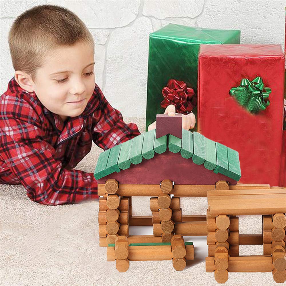 Joqutoys 90 Pcs Wood Building Blocks Toy for Toddlers, Classic Wooden Cabin Log Set Preschool Education Toy, Creative Construction Engineering