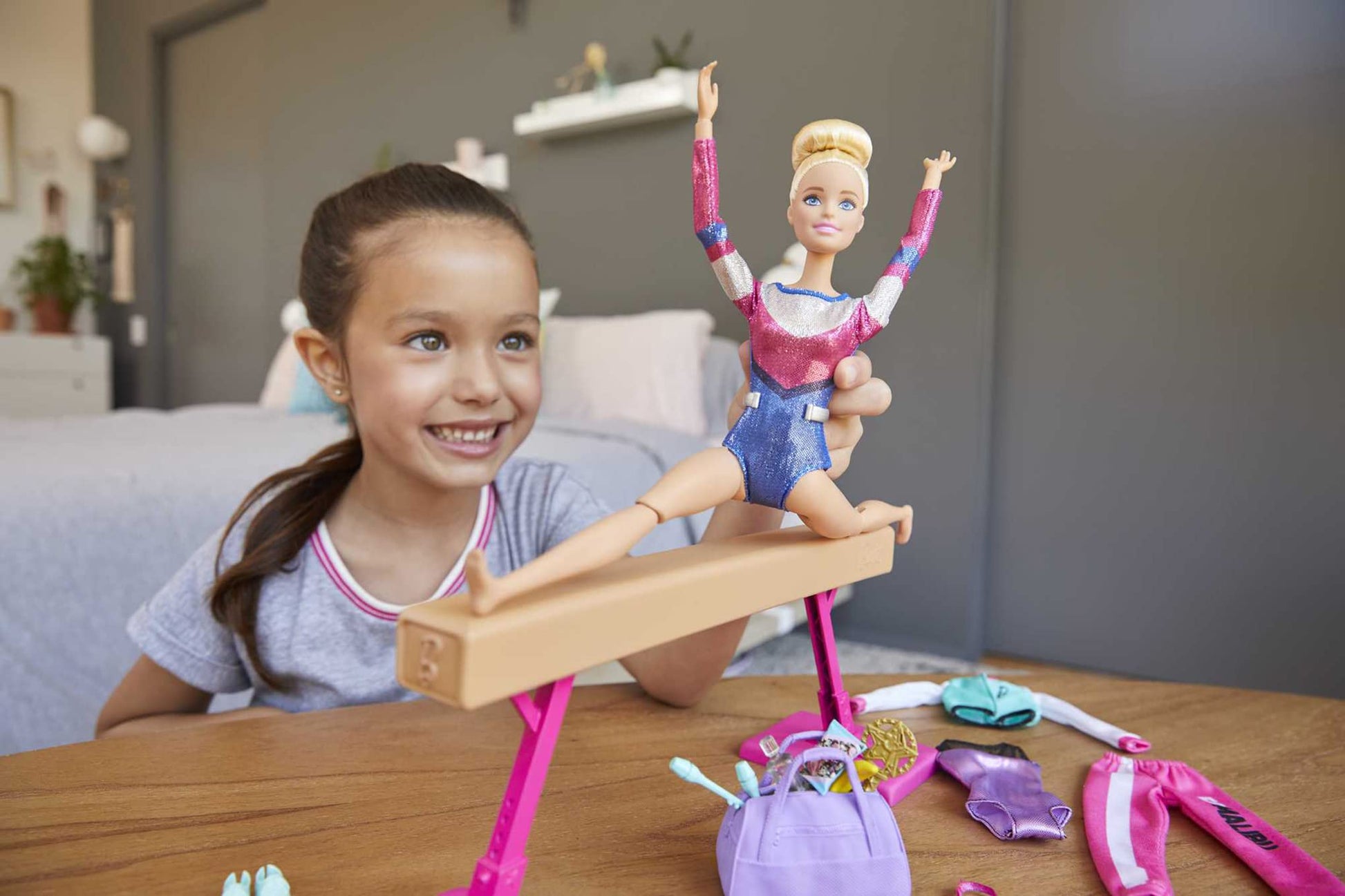 Barbie Careers Playset, Blonde Gymnast Doll with Balance Beam, Twirling Toy & 15+ Accessories Including Clothes, Hoops, Trophy & More