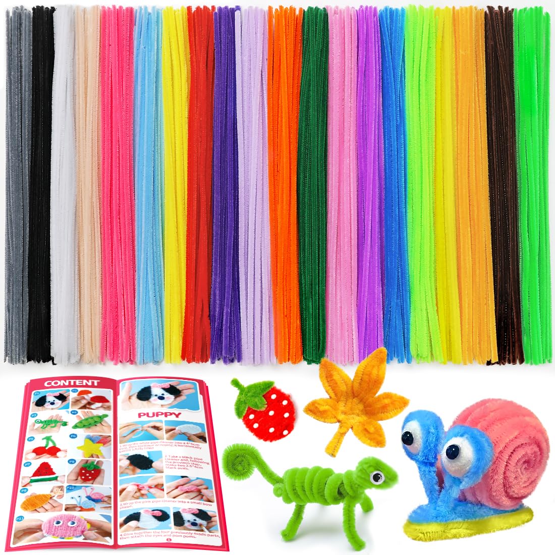 Tiehuoxia 200pcs Multicolor Pipe Cleaners, 20 Colors Chenille Stems for DIY Crafts & Art Projects, Includes Beginner's Manual (12inch x 6mm)