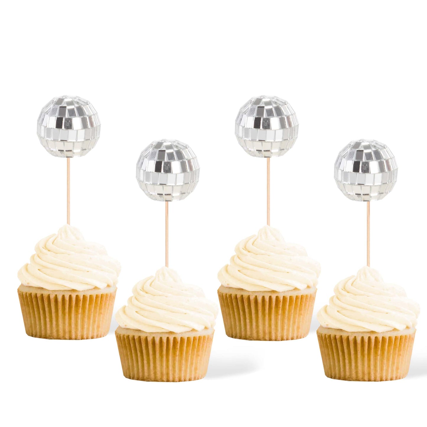 Gexolenu 24 Pcs Disco Ball Cupcake Toppers, NO DIY Silver Disco Ball Cupcake Picks Centerpiece Decor for Disco Theme Party 70's Disco Cake Birthday