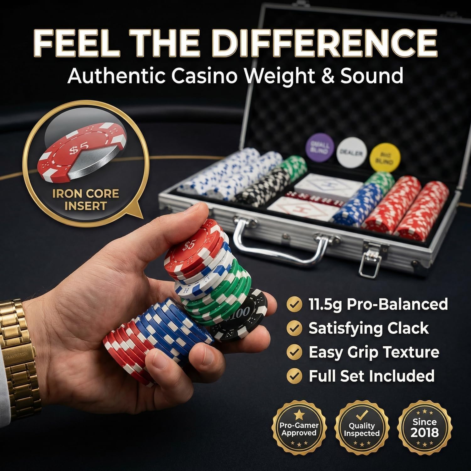 HEITOK 300pc Poker Chip Set 11.5g Iron Core Denominations Texas Holdem